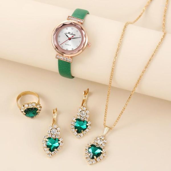 Relojes de pulsera Sdotter Reloj Mujer Cool Wind Moda Diamante Correa verde Cuarzo Todo fósforo Collar esmeralda Pendientes Anillo Relojes Pa