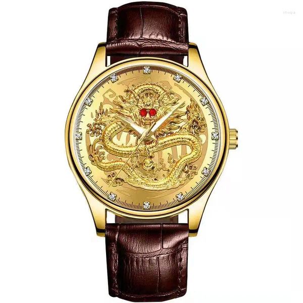 Montres-bracelets Sdotter WOKAI Ceinture de loisirs pour hommes de haute qualité Montre à quartz Lumineuse Étanche Horloge commerciale Golden Dragon Chinois