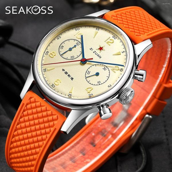 Montres-bracelets SEAKOSS Chronographe Montres mécaniques pour hommes 40mm 1963 Seagull Mouvement à remontage manuel Silicone Sapphire ST1901
