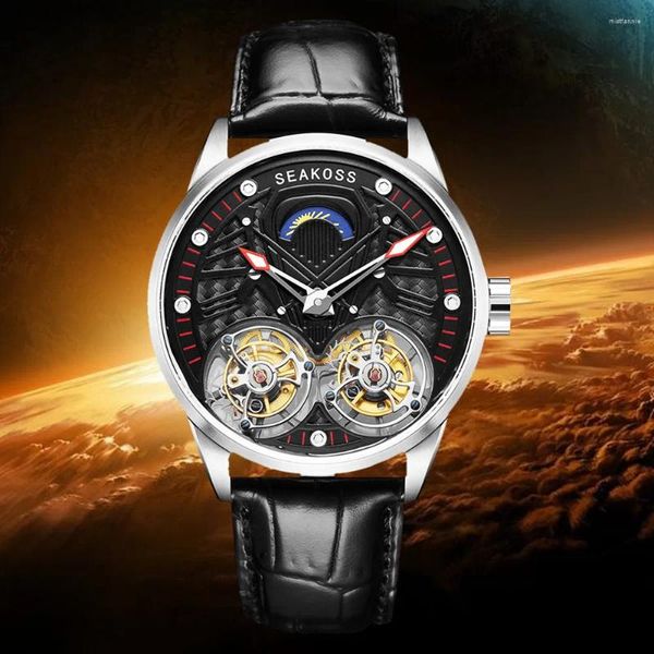 Relojes de pulsera SEAKOSS Moda Doble Tourbillon Relojes mecánicos Ultra delgado Luminoso Fase de luna Cristal de zafiro Cuero para hombres