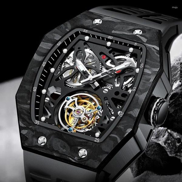 Relojes de pulsera SEAKOSS Hombres Esqueleto Tourbilion Relojes Luminoso Impermeable Mecánico Reloj de pulsera Zafiro Vidrio Barril Forma Reloj Masculino