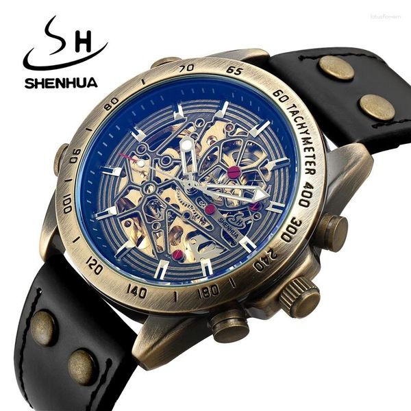 Montre-bracelets Sehnhua rétro Retro Antique Bronze's Automatic Mechanical Watch Luxury Carving Skeleton Steampunk Empaterproof Men Wristwatch