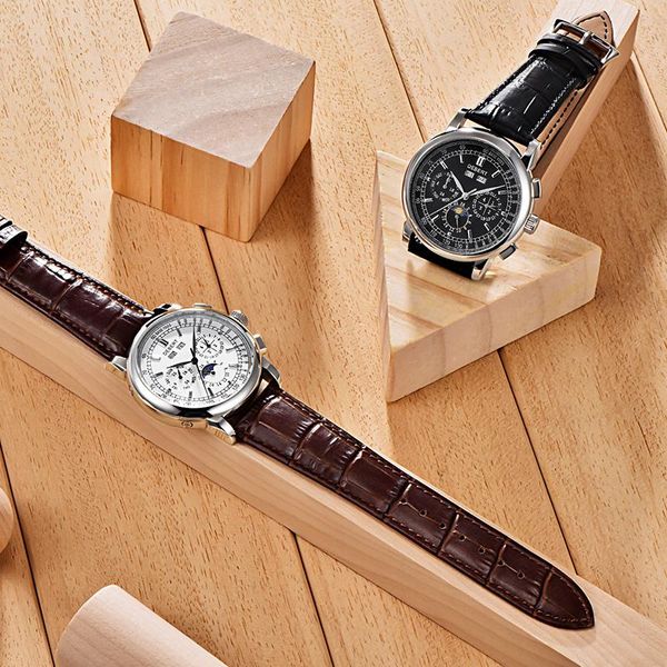 Relojes de pulsera Automático DEBERT Reloj para hombre 42 mm Esfera blanca Correa marrón Fecha Indicador de semana Caja pulida Automático