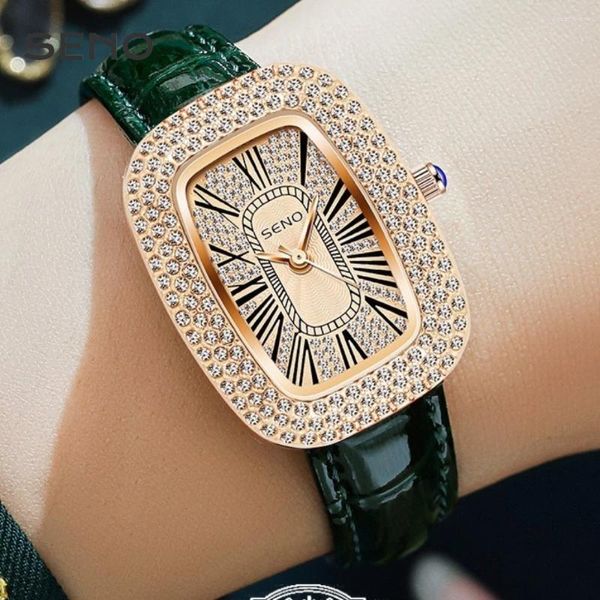 Montres-bracelets SENO Petit Cadran Vert Carré Pigeon Oeuf Femmes Montre Diamants Vintage Quartz Fille Cadeau Horloge Relogio Feminino Montre