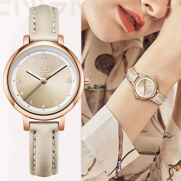 Montres-bracelets SHENGKE mode femmes montres dames de luxe bracelet en cuir Quartz étanche Sport montre-bracelet femme or cadeau horloge