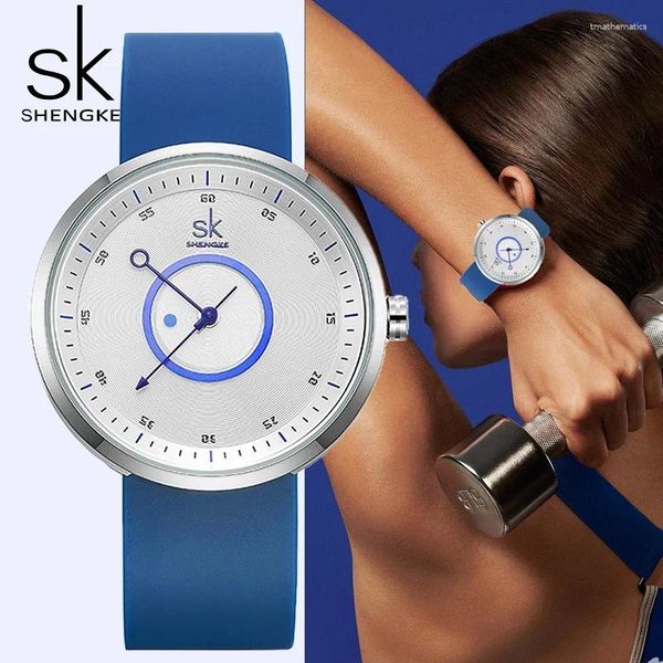 Montre-bracelets Shengke Women Regarde Blue Silicone confortable Strap Woman's Quartz Wristwathches Design 41mm Big Dial Relogio Feminino