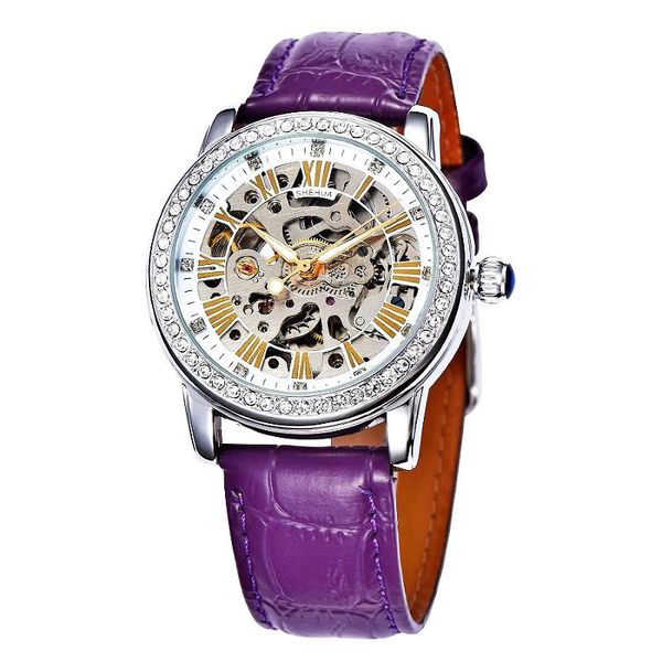 Relojes de pulsera SHENHUA 2023, relojes de mujer con diamantes para mujer, reloj mecánico automático transparente con esqueleto blanco y morado