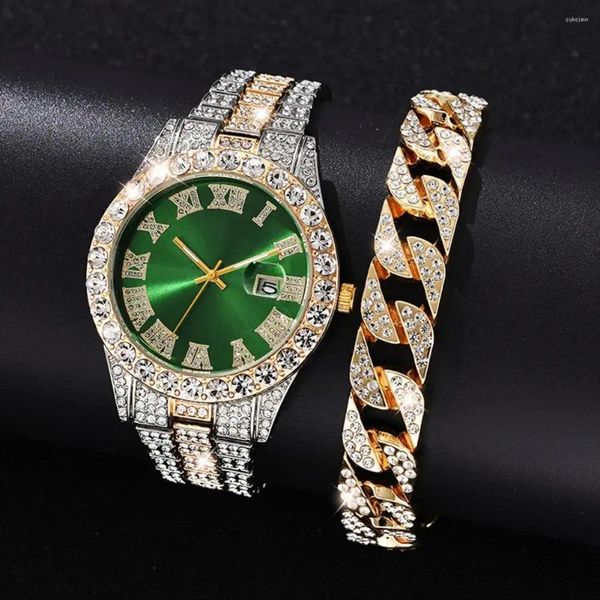 Relojes de pulsera Reloj de cuarzo brillante Fiesta de lujo Rhinestone Conjunto de pulsera para hombres con correa de metal Dial redondo preciso Negocio para hombre