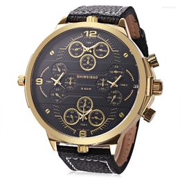 Relojes de pulsera Shiweibao Cool Watch Men Sport Golden Big Case Cuatro zonas horarias Relojes militares Fecha Correa de cuero Mens Cuarzo