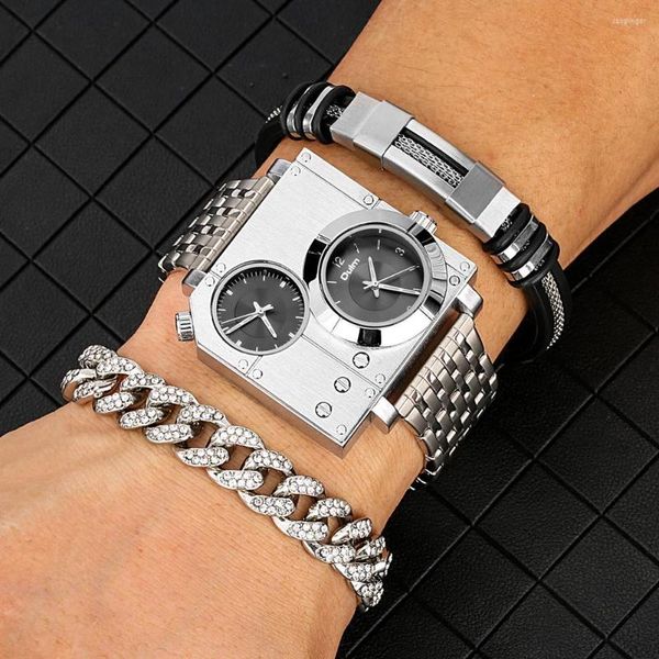 Relojes de pulsera Reloj de plata Hombres de lujo Big Square Dial Cuarzo Rhinestones Pulsera Set Regalo para novio Regalos Para Hombre