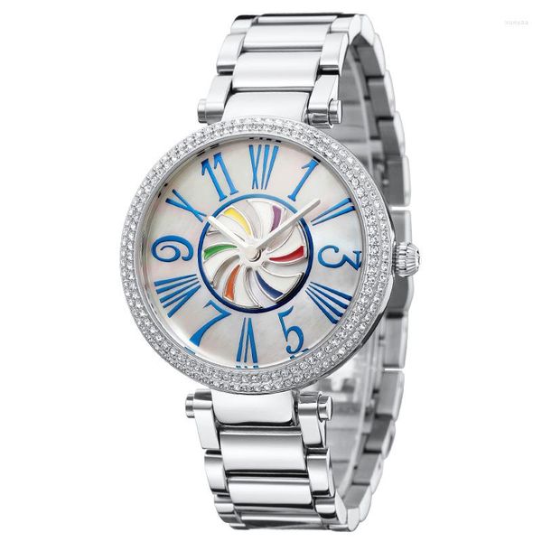 Montres-bracelets argent femmes mode Quartz perle naturelle grand visage rotation coloré moulin à vent montre-bracelet pour acier inoxydable