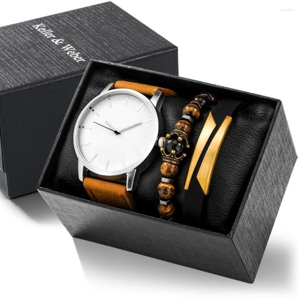 Montres-bracelets Simple montre décontractée hommes marron Quartz montres minimalistes bracelet en cuir Bracelets élastiques coffret cadeau exquis boîte pour