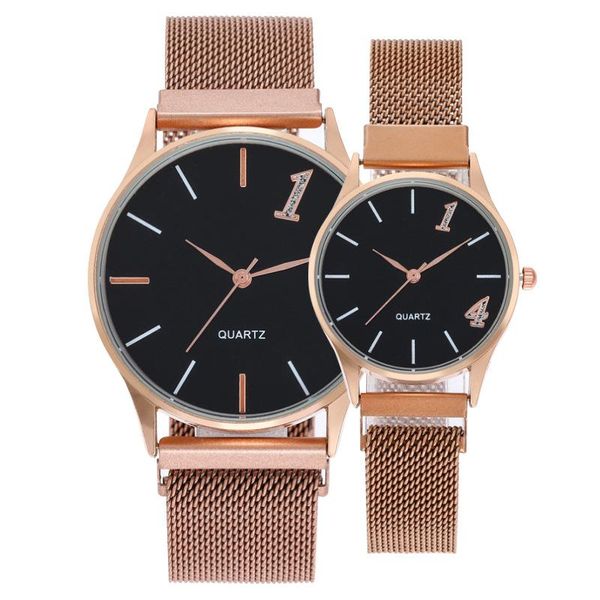 Relojes de pulsera Pareja simple Relojes de pulsera para hombre Reloj magnético casual Amante Aleación de oro rosa Milano Malla Digital Damas Cuarzo MujeresWristwatc