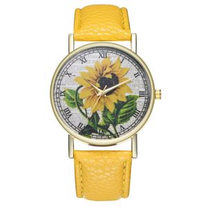 Montres-bracelets Simple luxe en cuir PU montres Quartz poignet tournesol peinture femmes dames Couple montre horloge bijoux Ff