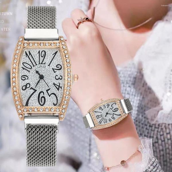 Relojes de pulsera con número sencillo para mujer, relojes de moda con esfera cuadrada elegante para mujer, reloj de cuarzo plateado de acero inoxidable para mujer, regalos