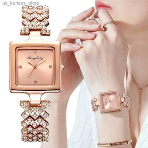 Montre-bracelets simples en or rose femmes Es Fashion Marque Exquise Full Diamond en acier inoxydable pour dames