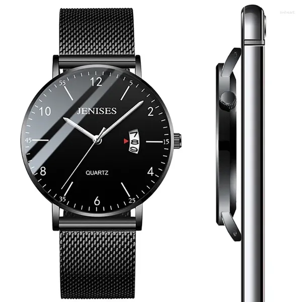 Relojes de pulsera simples relojes de cuarzo ultra delgados para hombres cinturón de malla de acero inoxidable de acero