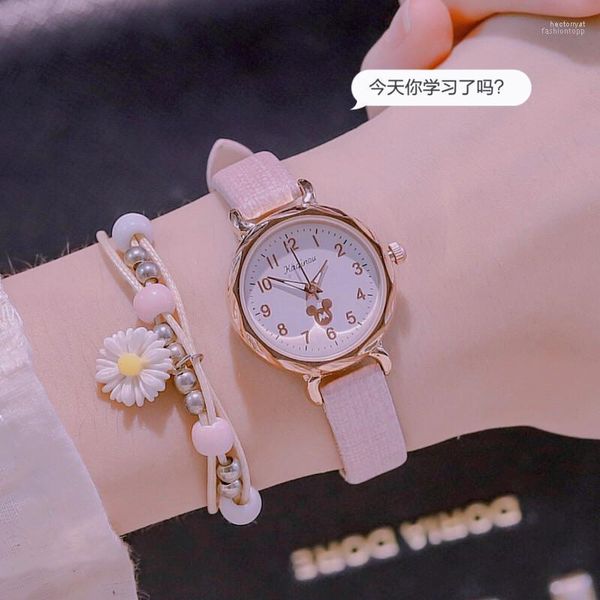 Relojes de pulsera Reloj simple para mujer Conjunto de pulsera con esfera de dibujos animados Banda de tela para mujer Muñeca de cuarzo Reloj femenino resistente al agua Hect22