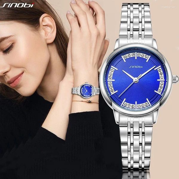 Muñecos de pulsera Sinobi Llegada Moda de la mujer Mujeres Top de lujo Acero inoxidable Damas Quartz azul Elegante reloj para niña