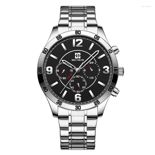 Relojes de pulsera Seis pines Moda de negocios Ocio Luz nocturna Temporizador a prueba de agua Correa de reloj de acero inoxidable Reloj masculino Reloj Cuarzo para hombres