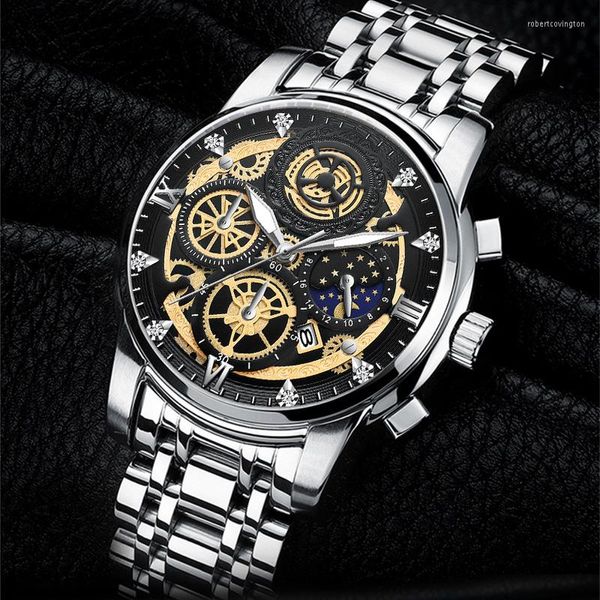 Relojes de pulsera Calendario esqueleto Reloj de hombre No mecánico Multifunción Correa de acero con incrustaciones de diamantes Impermeable