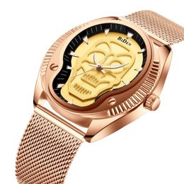 Relojes de pulsera Skeleton Gold Black Men's Cool Watch Hombre Relojes de pulsera de cuarzo de acero inoxidable Impermeable Luxury Business Men Skull Clock Classi