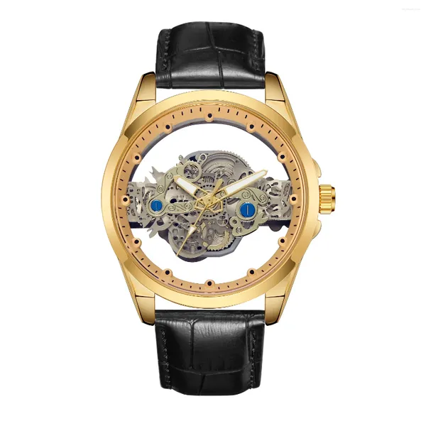 Relojes de pulsera Skeleton Hollow Men Relojes de lujo Steampunk Gold Sliver Reloj de cuarzo Acero inoxidable Hombre transparente Hombre Relogio Masculino