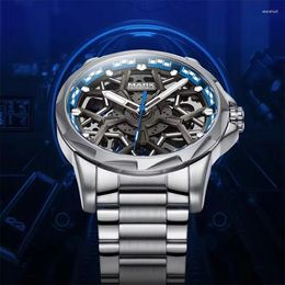 Polshorloges Skeleton Watch Men Mode roestvrij staal van hoge kwaliteit Relojes Pentagram Dial Toubillon Automatische mechanische polshorloges