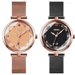 Polshorloges Skmei 2022 Rose Gold Women's Watch Mesh Bracelet Elegant Ladies Quartz Pols Waterdichte vrouwelijke klok 9215