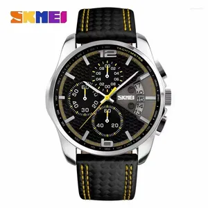 Montre-bracelets SKMEI 9106 Business Quartz Clock Sports Imperproof Mens Wristwatch Stopwatch Le cuir Date Calendrier Calendrier pour hommes Reloj