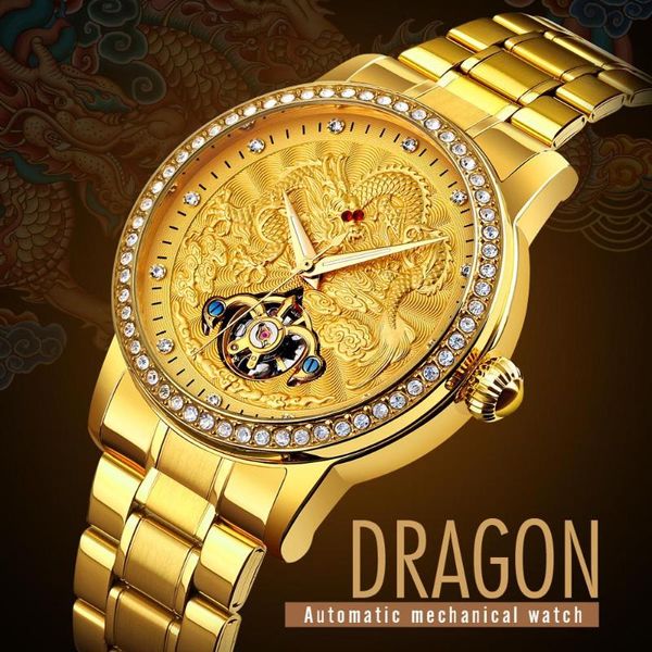 Montres-bracelets SKMEI 9219 Mécanique De Luxe Automatique Hommes Montres Dragon Diamant Creux Grand Cadran Phase De Lune Montre Horloge Relogio Masculino