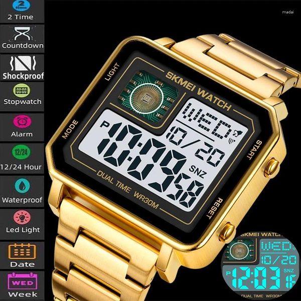 Relojes de pulsera Skmei Fashion Dual Time Reloj deportivo digital para hombres Correa de acero inoxidable de lujo LED Pulsera impermeable Reloj despertador Reloj Hombre