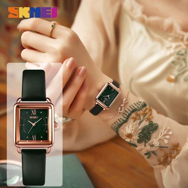 Relojes de pulsera SKMEI Moda Verde Reloj de mujer Rectángulo Dial Cuarzo Relojes de mujer Cuero genuino Niñas Montre Femme 2023 1702