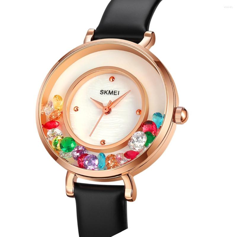 Relojes de pulsera SKMEI, reloj de pulsera de moda para mujer, relojes de mujer, movimiento de cuarzo japonés, patrón de cristal colorido, esfera, reloj de hora, reloj femenino