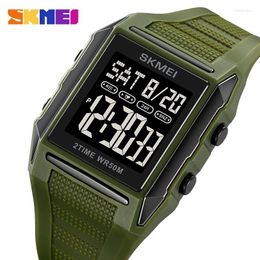 Montre-bracelets Skmei Grand affichage numérique Armée Green Square Frame Men de montre électrique Double Time Stopchatch 24 heures compte à rebours 2257