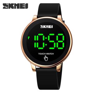 Polshorloges skmei led touch horloge mannen gebogen mirro design polshorloge heren waterdichte pu strap uur mode digitale reloj hombre montre