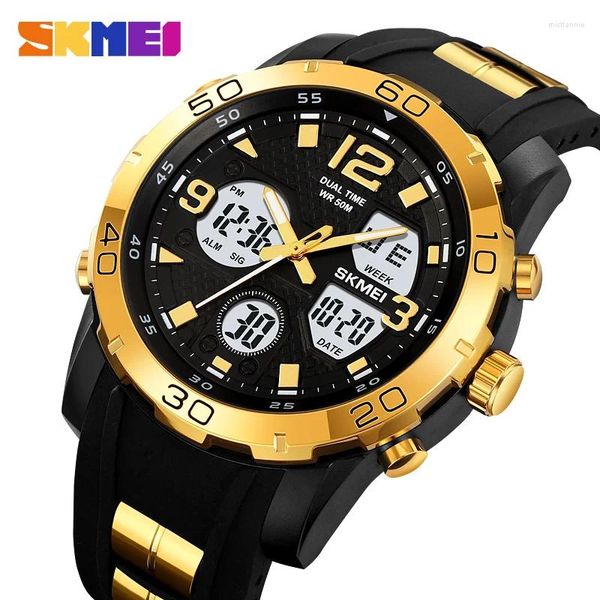 Relojes de pulsera SKMEI Reloj electrónico para hombres Dial grande Militar Verde Oro Original Impermeable Buceo Hora mundial Cronómetro Sincronización 2105