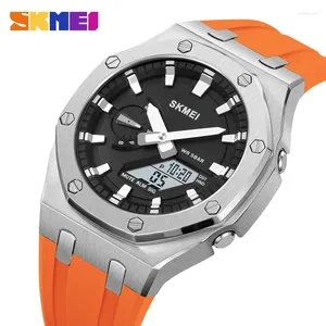 Montre-bracelets Skmei Original Silicone Men's Watch Orange Blue World Time Stophatch Timing 5 ensembles de réveil à l'heure 2243