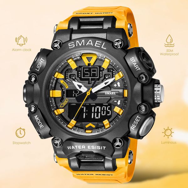 Relojes de pulsera SMAEL Reloj digital LED de doble hora para hombres 50 m Cronógrafo impermeable Relojes de cuarzo Naranja Militar Deporte Reloj de pulsera electrónico 230410