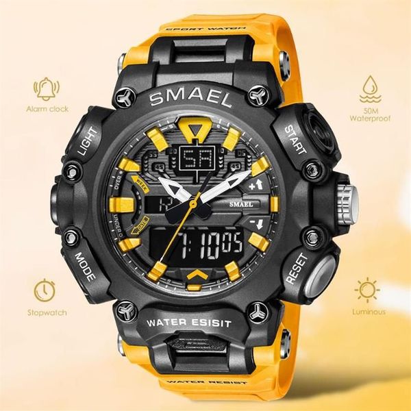 Relojes de pulsera Smael Dual Time LED Reloj digital para hombres 50m Cronógrafo impermeable Relojes de cuarzo Naranja Militar Deporte Electrónico 282T