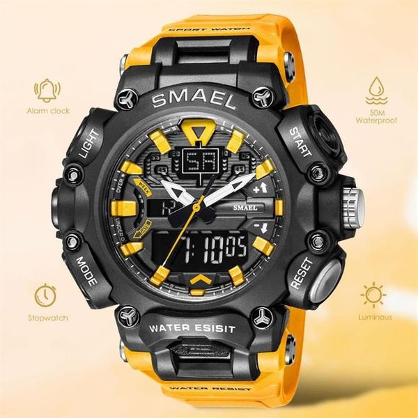 Relojes de pulsera Smael Dual Time LED Reloj digital para hombres 50m Cronógrafo impermeable Relojes de cuarzo Naranja Militar Deporte Electrónico 269D