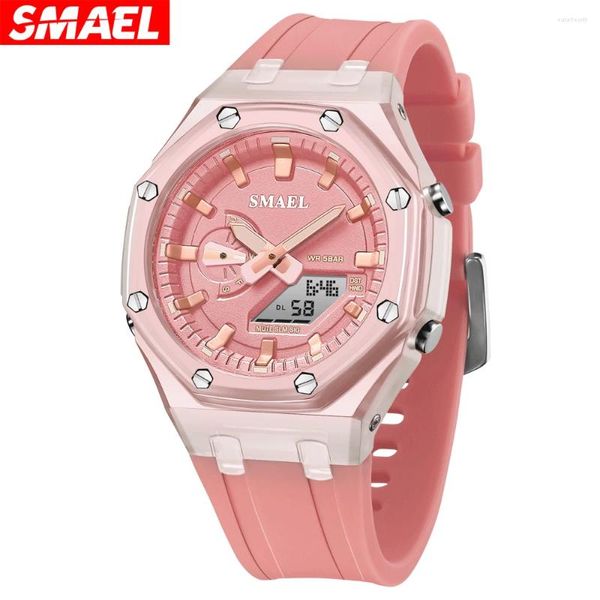 Muñecos de pulsera Smael Quartz Watch Women Dual Time Fashion Casual Silicone Strap Digital Strap Back Light Girl Sports Wristwatch