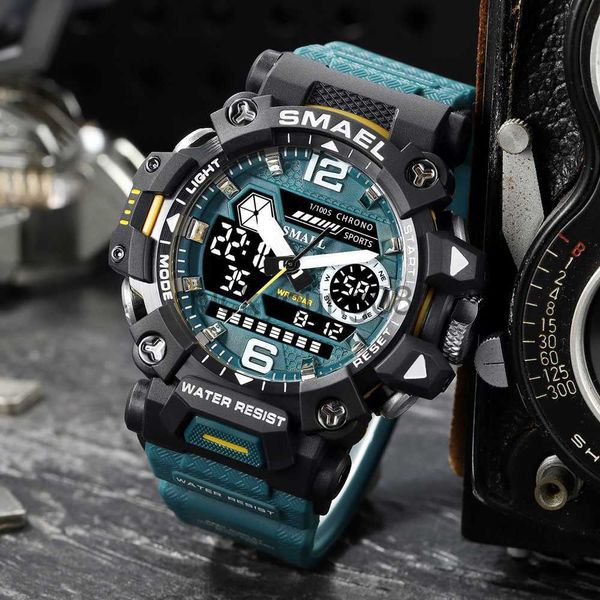 Montres-bracelets SMAEL Sport Dual Time es pour hommes étanche horloge militaire bleu rétro-éclairage LED affichage alarme arrêt poignet mâle cadeau 0703