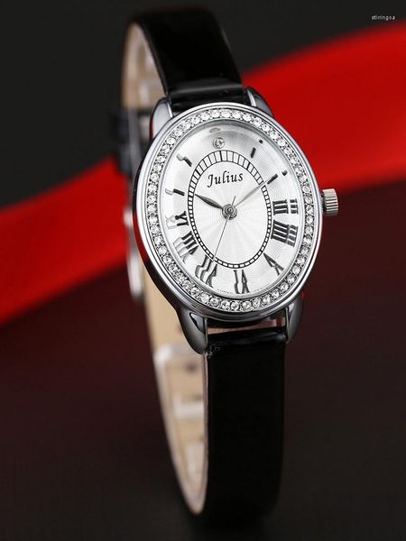 Relojes de pulsera Pequeños diamantes de imitación ovalados Julius Lady Reloj para mujer Japón Cuarzo Elegante Moda Horas Pulsera Caja de regalo para niña de cuero