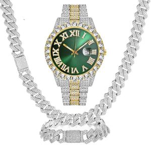 Montres-bracelets Smvp Hommes Hip Hop Calendrier Luxe Vert Dail Montres Collier Bracelet Bijoux Ensemble Bling Or Argent Diamant Cubain Chaîne Horloge