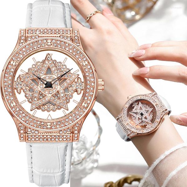 Montres-bracelets Smvp Chronologie pour femmes en édition limitée de haut niveau avec conception de mouvement rotatif et montre à quartz avec bracelet en cuir incrusté de diamants