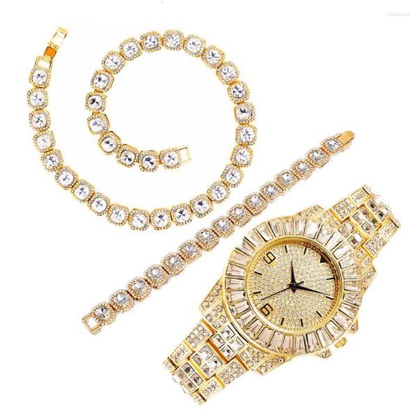 Montres-bracelets SMVP Montre-bracelet Collier Bracelet Iced Out Montre pour hommes 10mm Chaîne de tennis Hip Hop Rock Miami Bling Bijoux Set Couple Collier