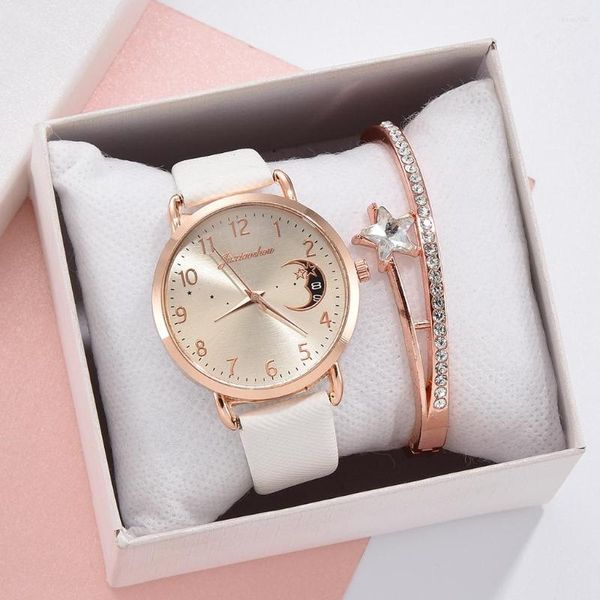 Relojes de pulsera SMVPMujeres Reloj Luna Números Dial Pulsera Relojes Conjunto Señoras Banda de cuero Reloj de pulsera de cuarzo Mujer Reloj Relogio Mujer