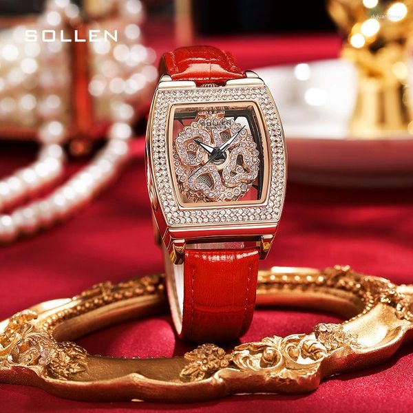 Relojes de pulsera SOLLEN Diamante de lujo Relojes de oro rosa Moda Correa de cuero rojo Reloj esqueleto Mujeres de alta calidad a prueba de agua