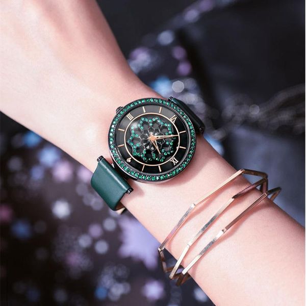 Montres-bracelets Spinning Cristaux Fleurs Montres Pour Femmes BONNE CHANCE Cadeaux Bracelet En Cuir Véritable Montre-Bracelet Rotatif Floral Quartz Reloj